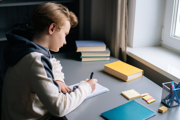 在儿童房，小学生坐在靠近窗户的书桌上阅读纸质学习书的高角度视图。图片下载