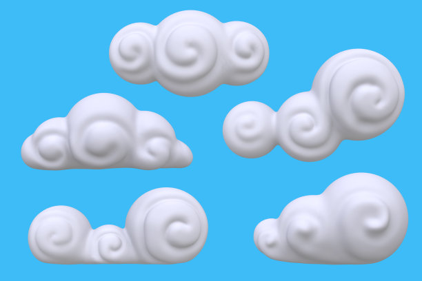 设置风格化有趣的卡通白云孤立在蓝色的背景。丰富多彩的风格概念。儿童黏土、塑料或软玩具。3 d演示。图片下载