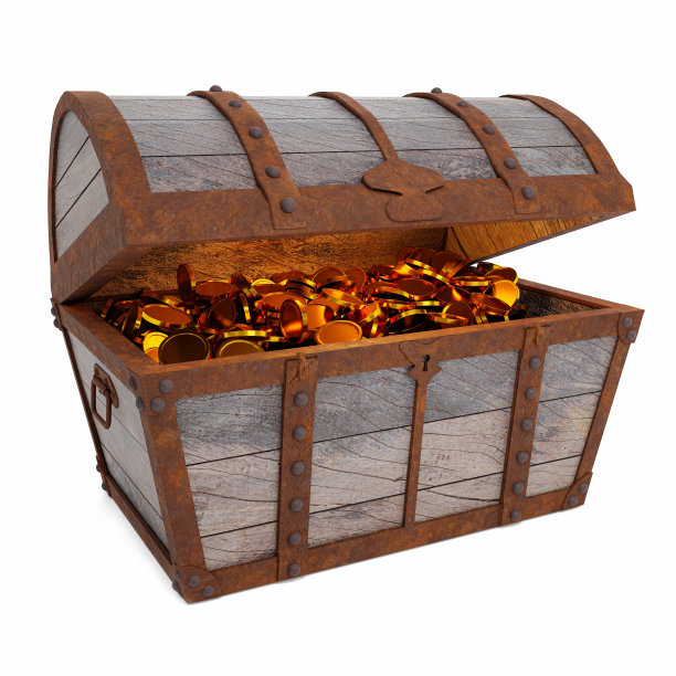 金币在破旧的海盗宝藏箱。烂和破碎。存放贵重物品用开裂的木头和生锈的金属纹理隔离在白色背景和壁纸上。3 d渲染。图片下载