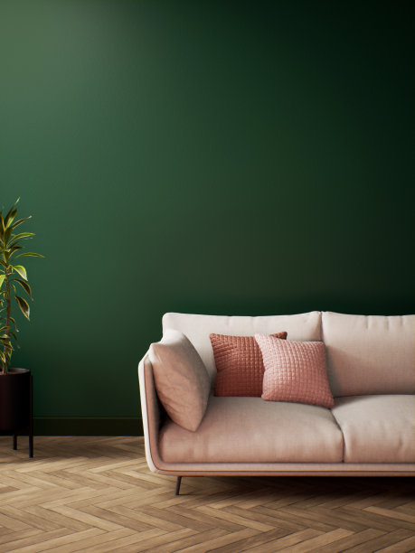现代室内设计，绿色墙壁和木地板。房间模型时尚，复古客厅室内3d渲染插图素材图片