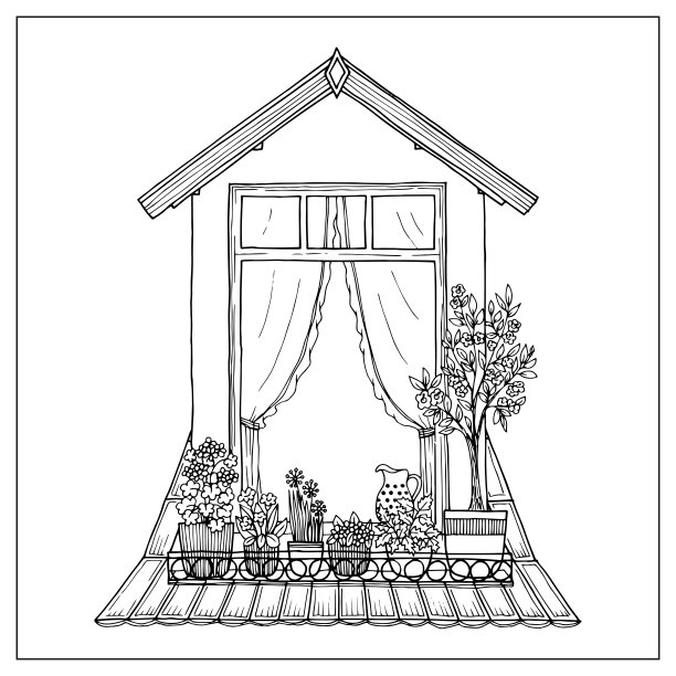 用花盆给窗户盖屋顶。手绘涂鸦图形。图片下载