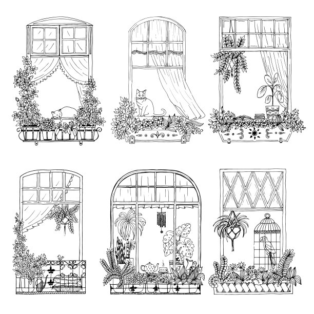 窗户，阳台，花在花盆设置。手绘涂鸦风格图片下载