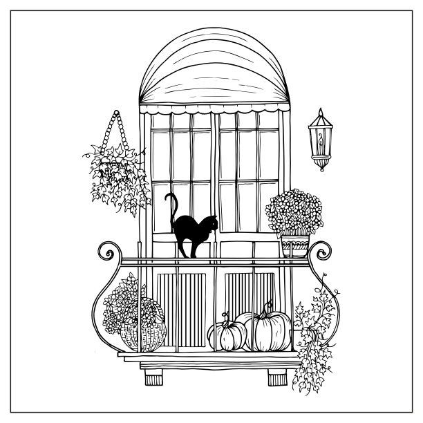 阳台上有花盆。手绘涂鸦图形。图片下载