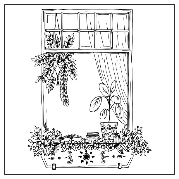 窗户上有花盆。手绘涂鸦图形。图片下载