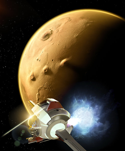 宇宙飞船旅行。火星的卫星视图，火星表面的细节和细节。这颗红色星球上的火山口、山谷和山脉图片下载