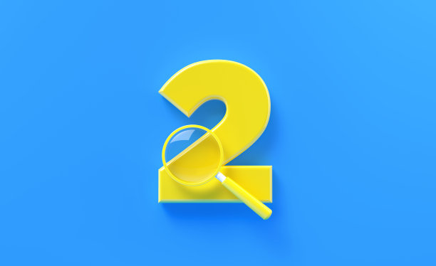 黄色放大镜坐在黄色数字2在蓝色背景图片下载