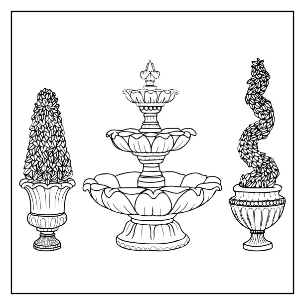 修剪树木，古董花瓶花园，喷泉图片下载