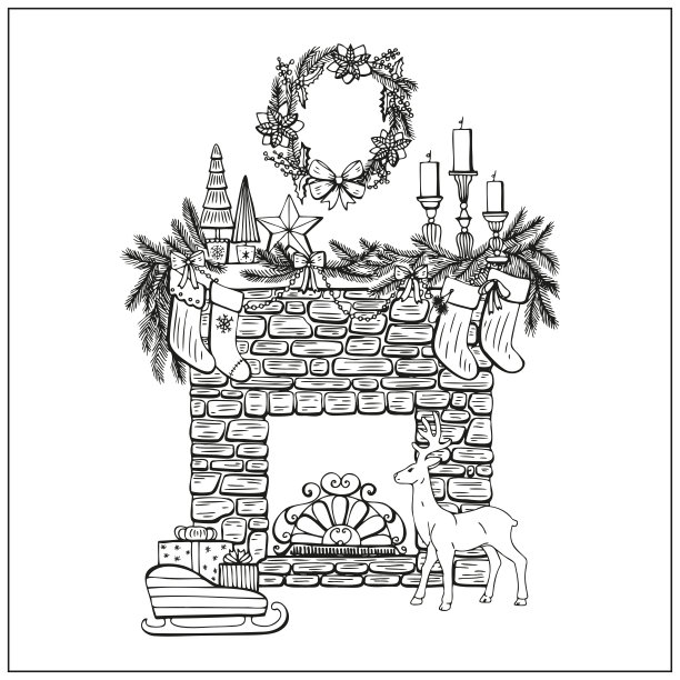 圣诞节装饰壁炉。手绘涂鸦图形。图片下载