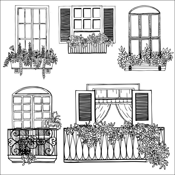 窗户，阳台，花在花盆设置。手绘涂鸦风格图片下载