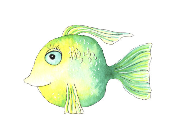 手绘水彩可爱的鱼插图。图片下载