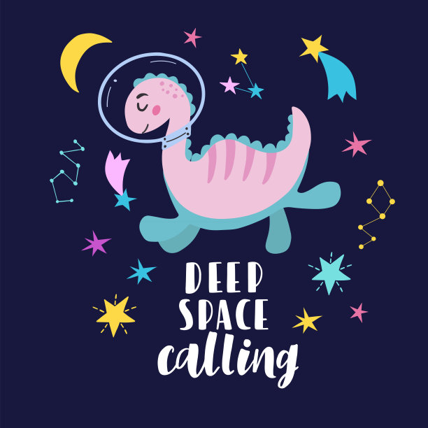 可爱的卡通恐龙在宇宙和字母，矢量图形，在一个蓝色的背景。用于设计明信片、海报、马克杯、笔记本封面、海报、明信片、横幅图片下载