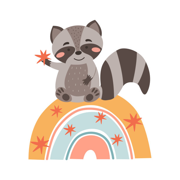 彩色彩虹上可爱的卡通浣熊形象。白色背景上的矢量图形。设计海报，明信片，笔记本封面，儿童插图，马克杯印刷图片下载