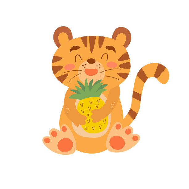 图片与可爱的卡通老虎与菠萝。白色背景上的矢量图形。设计海报，明信片，笔记本封面，儿童插图，马克杯印刷，t恤图片下载