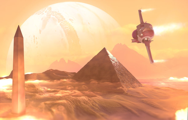 在遥远星系的行星间旅行的宇宙飞船。荒地和金字塔。科幻小说图片下载