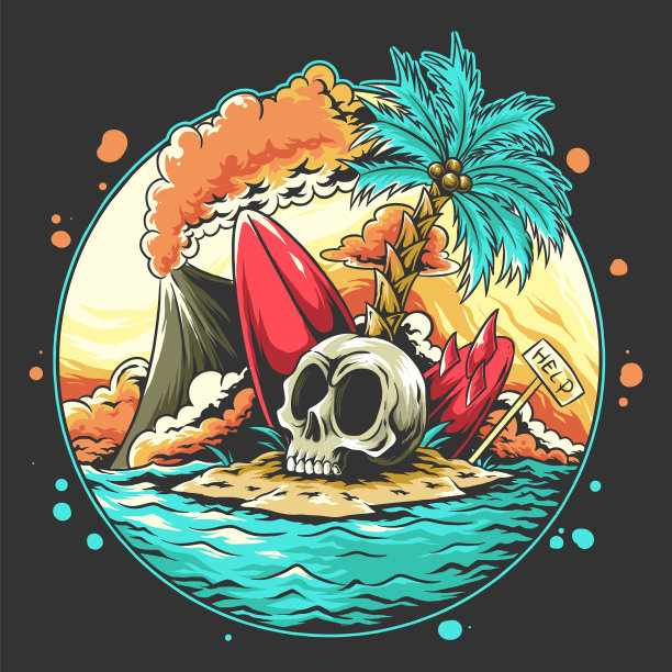 夏天的骷髅头在海滩上，伴着破碎的海浪图片下载