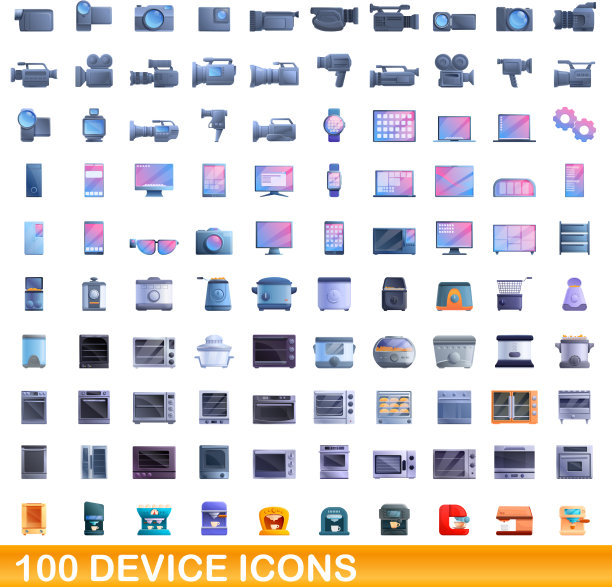 100个设备图标设置卡通风格图片下载