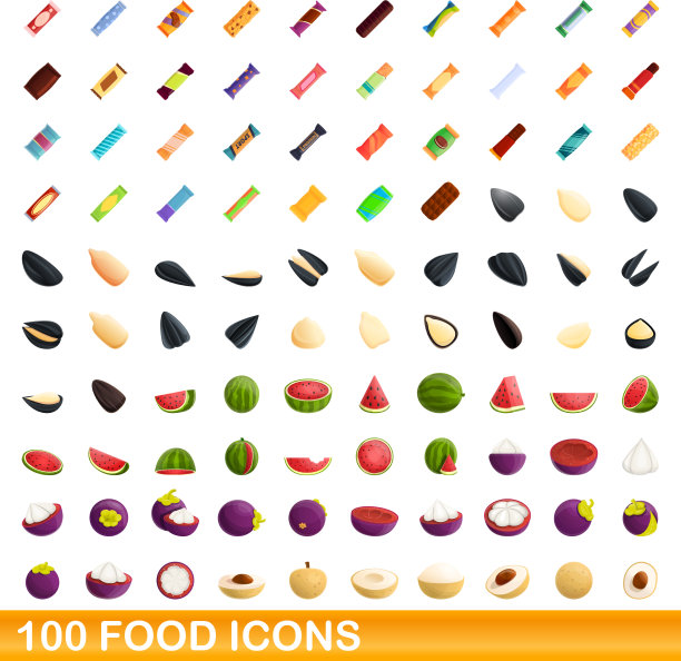 100个食物图标设置卡通风格图片下载