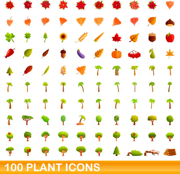 100个植物图标设置卡通风格图片下载