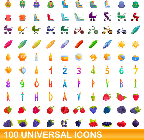 100个通用图标设置卡通风格图片下载