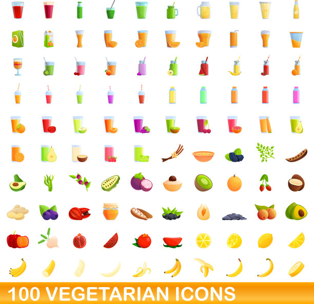 100素食图标设置卡通风格图片下载
