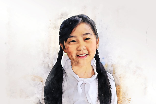 抽象美丽的亚洲女孩微笑肖像水彩插画画背景。图片下载