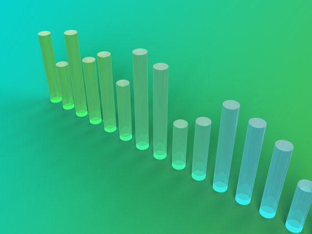 3D渲染条形图在绿色和蓝色明亮的颜色。用于商业统计、经济分析或市场增长的插图。可视化图表和数字股票。图片下载