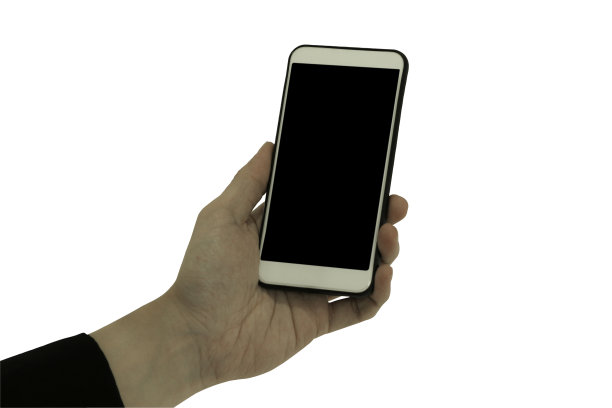一只手拿着智能手机孤立的白色背景，手机在手与你的文本的复制空间，包括剪切路径。图片下载