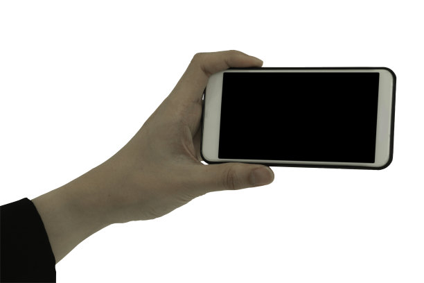 一只手拿着智能手机孤立的白色背景，手机在手与你的文本的复制空间，包括剪切路径。图片下载