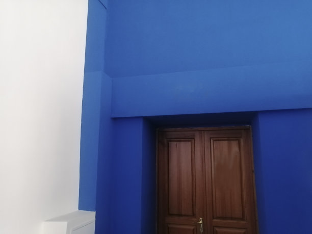 大厅蓝色墙壁上的一扇木门图片下载