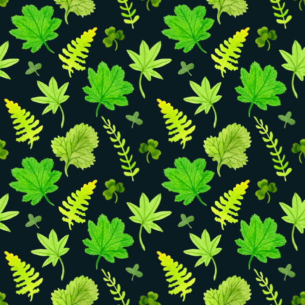 无缝水彩模式程化的春天的叶子，树枝和草本在一个黑暗的背景。图片下载