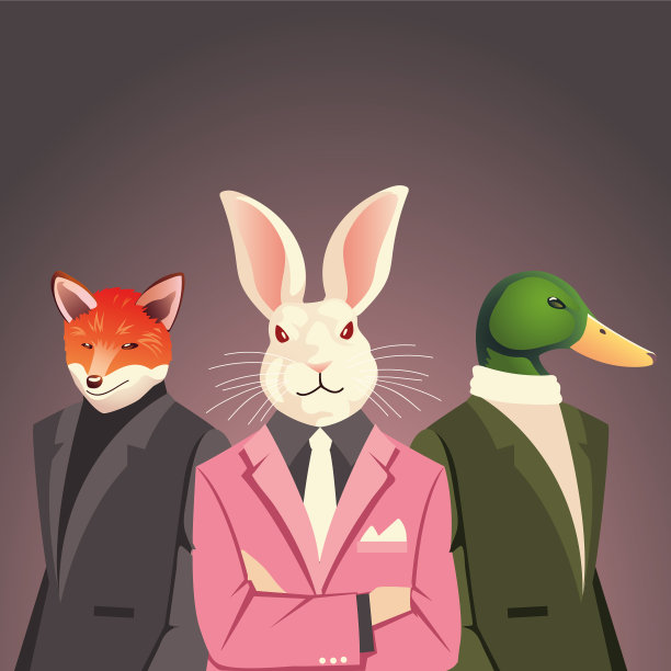 人们艺术动物兔子，鸭子和狐狸在西装图片下载