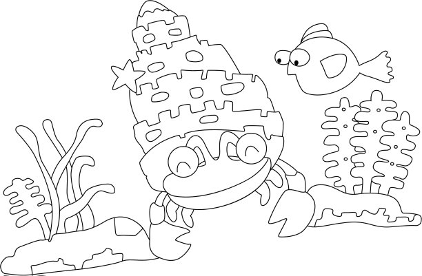 白底上的寄居蟹和鱼图片下载