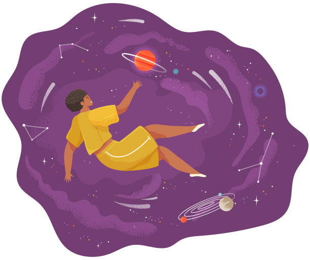 女性在太空飞行，行星和星星卡通宇宙场景扁平风格矢量插画图片下载