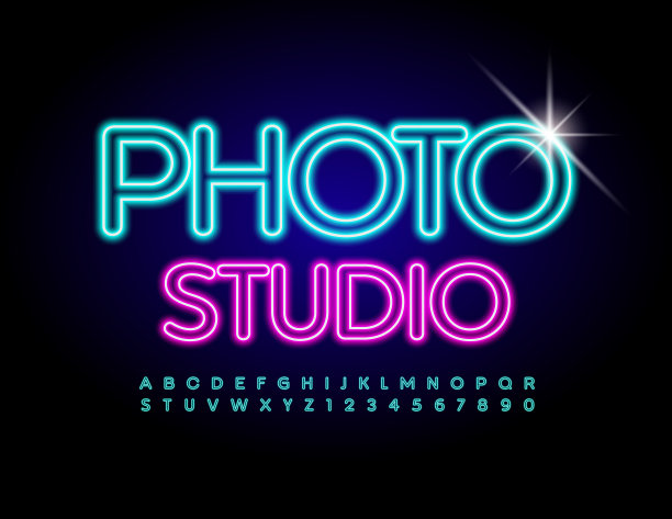 矢量发光标志摄影工作室。蓝色霓虹字母和数字集图片下载