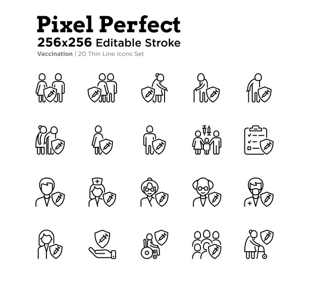 冠状病毒疫苗接种组。病毒防护:人们通过接种疫苗得到保护。免疫系统。细线图标。像素完美，可编辑的笔触。矢量插图。图片下载