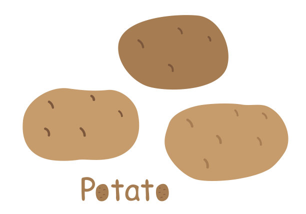 带原铭文的彩色未削土豆。农民市场的产品。健康的有机食品。手绘程式化的平面矢量插图。马铃薯孤立在一个白色的背景。图片下载