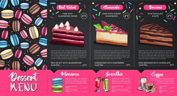 甜点菜单设计与甜马卡龙和蛋糕图片下载