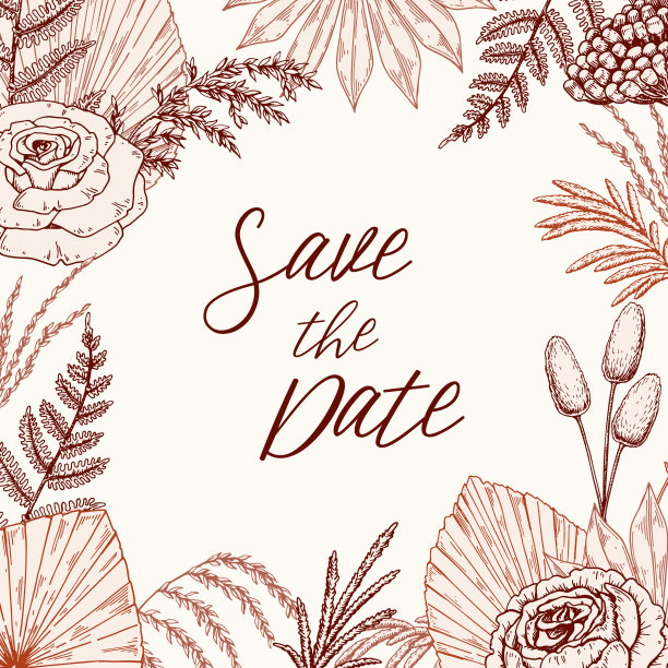 花婚礼邀请模板与干植物在波西米亚风格。现代花店的设计。手绘矢量图图片下载