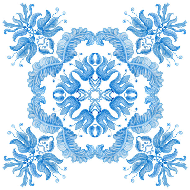水彩画西班牙瓷砖与手绘几何和花卉靛蓝色的装饰在地中海majolica陶瓷绘画风格。壁纸décor，蜡染，地毯印花孤立在白色背景图片下载