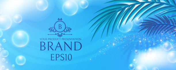 蓝色背景上棕榈叶的肥皂泡沫图片下载