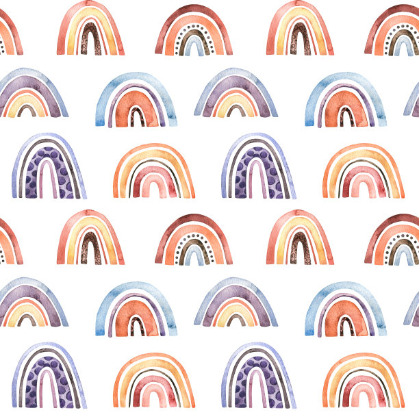 水彩宝宝无缝图案。五彩缤纷的彩虹背景。彩色和圆点弧线的抽象插图。适合儿童印刷，海报，托儿所装饰，纺织品，织物图片下载