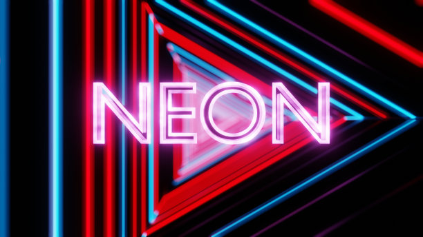 三维插图图形的发光文本霓虹之间的三角形霓虹灯照明。图片下载