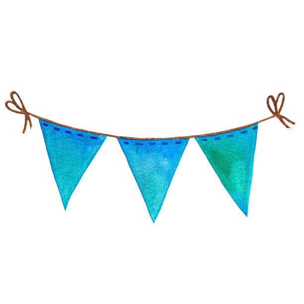 明亮的水彩花环。为聚会或生日手绘的蓝色三角旗。节日装饰图片下载