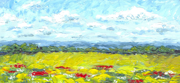 色彩鲜艳的油画用大笔画。盛开的草地，草原，蓝天白云。夏季山水，田园自然。田野，红色和黄色的花。海报全景图片图片下载