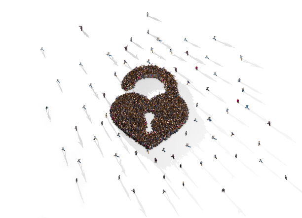 一大群人在白色背景上形成心形挂锁符号图片下载