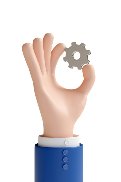 卡通手拿着一个齿轮孤立在白色背景。3 d演示。图片下载