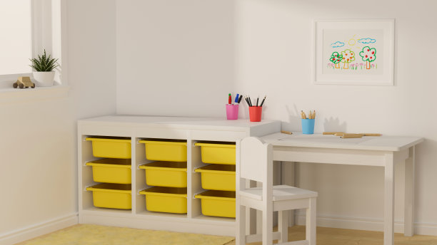 3D效画图，白色儿童房室内设计，配有橱柜，学习桌，文具和装饰品图片下载