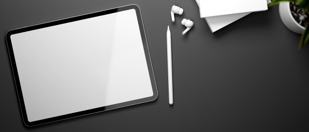 3D渲染，数字平板电脑模型屏幕，配件和书籍在黑色的桌子上图片下载