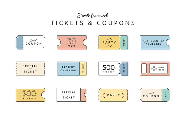 一套简单的、扁平的票或优惠券框架图片下载