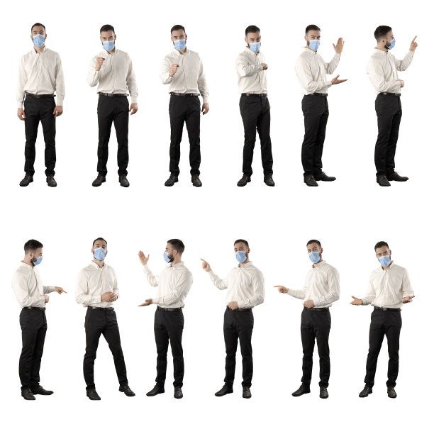 商人戴着面具，用拳头打招呼，并用手指示意。图片下载